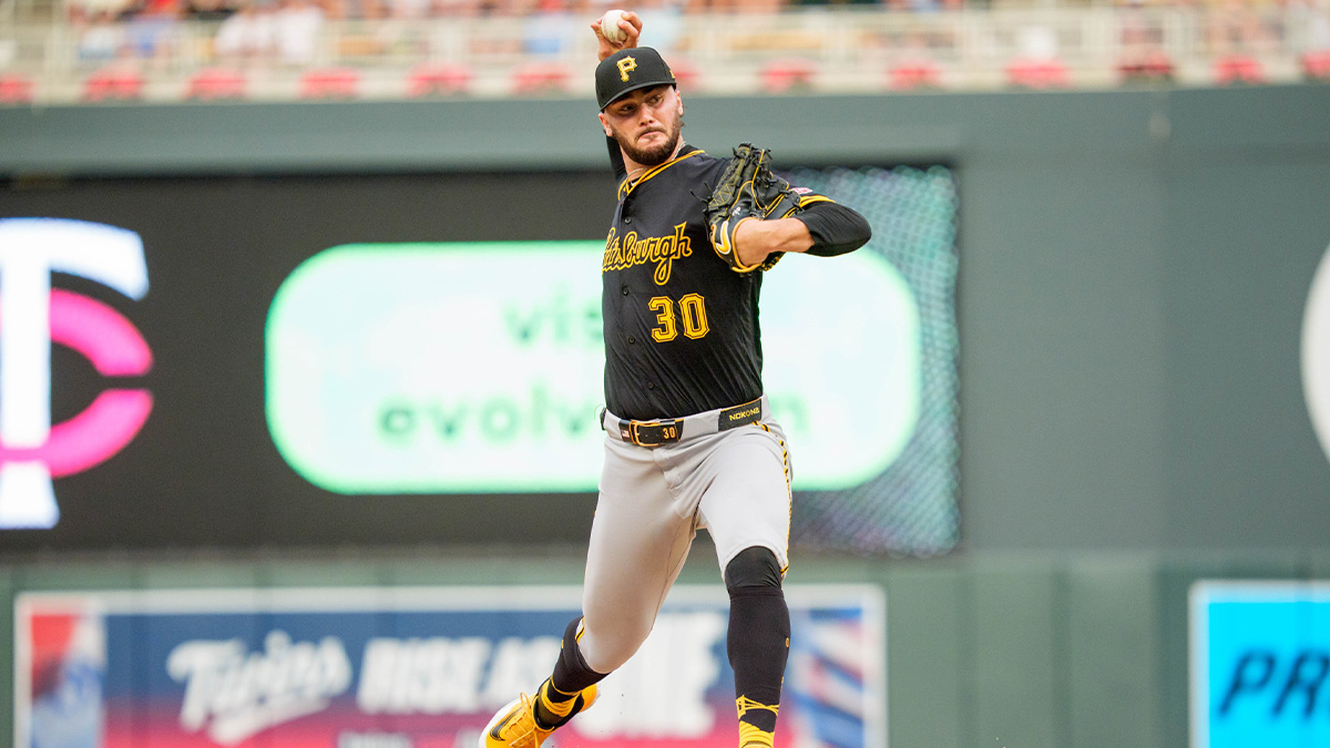Pittsburgh Pirates starting pitcher Paul Skenes (30) pitches to the Minnesota Twins in the first inning at Target Field.