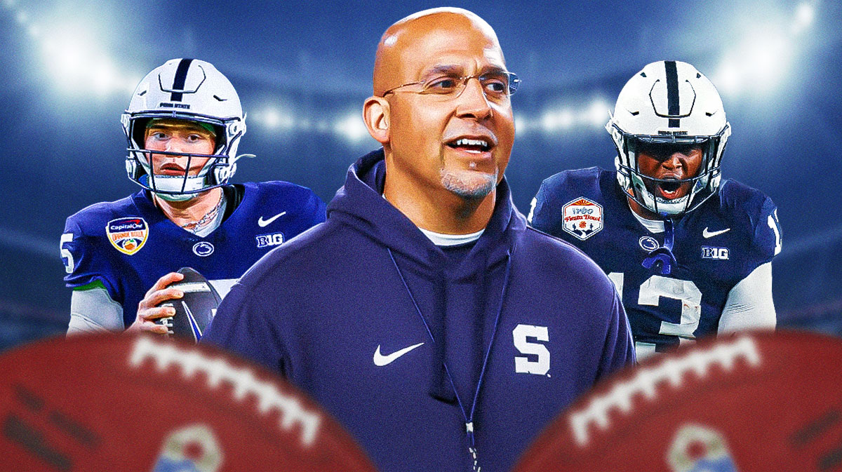 James Franklin in the center, Kaytron Allen and Drew Allar on the outsides. Penn State logo background.