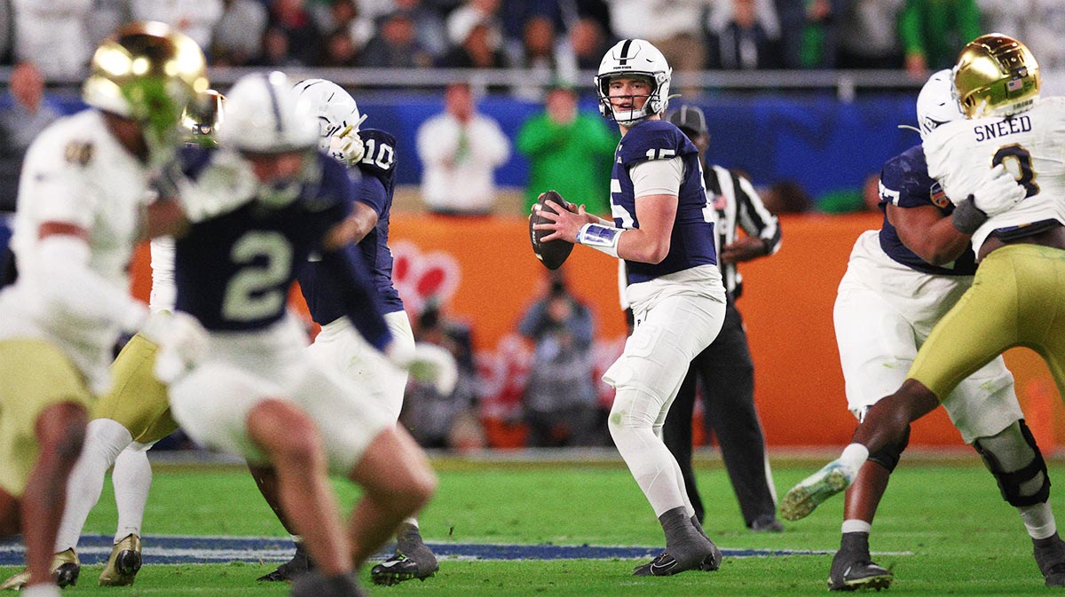 Penn State Nittany Lions quarterback Drew Allar (15) looks to pass in the second half against the Notre Dame Fighting Irish in the Orange Bowl at Hard Rock Stadium.