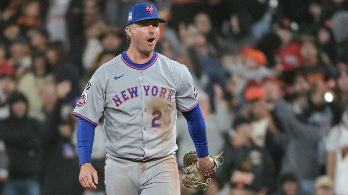 New York Mets first baseman Pete Alonso (20) reacts after making the final out against the San Francisco Giants at Oracle Park.