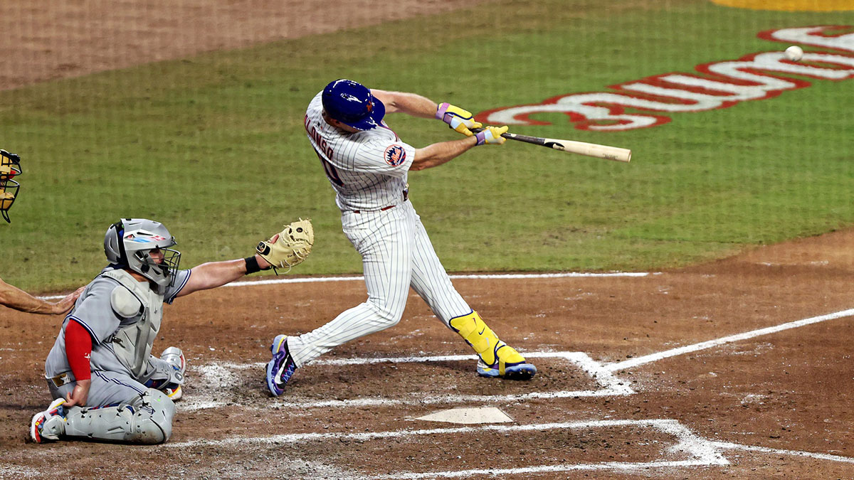 National League first baseman Pete Alonso (20) of the New York Mets hits a three run home run during the sixth inning during the 2025 MLB All Star Game at Truist Park.
