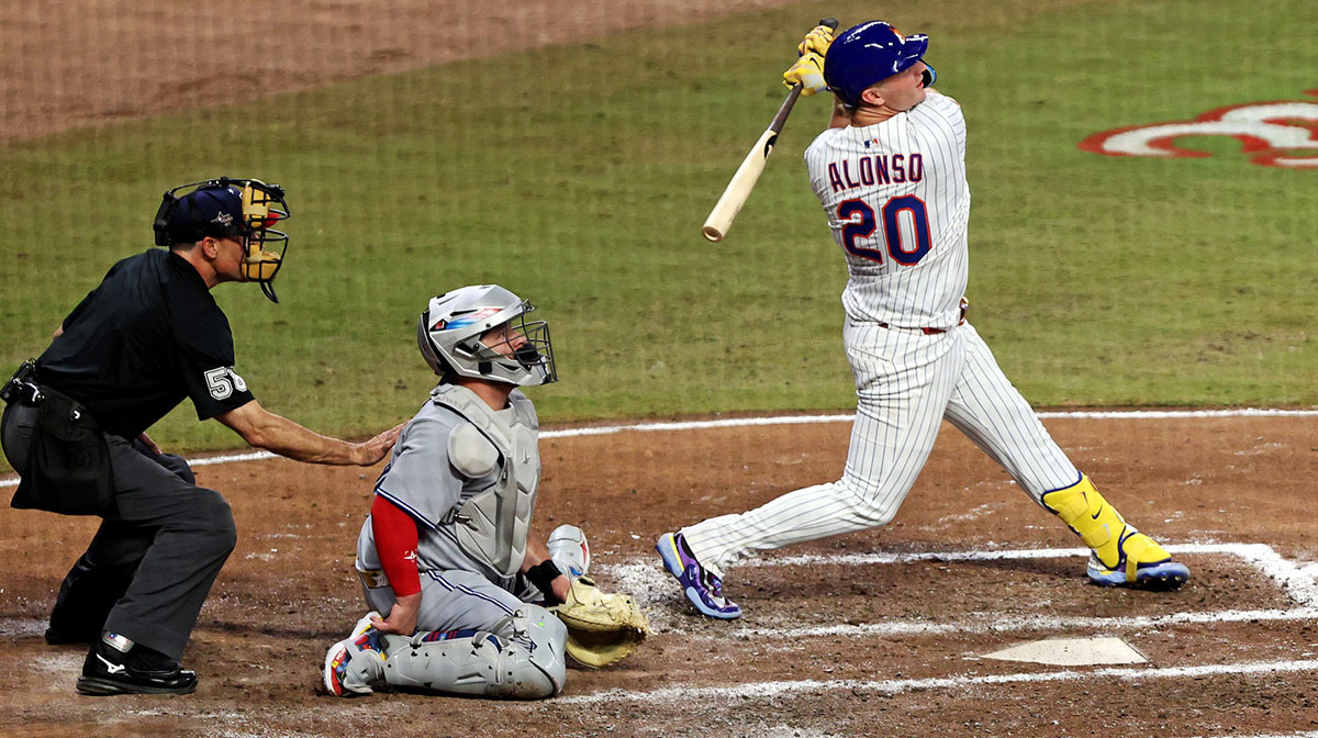 National League first baseman Pete Alonso (20) of the New York Mets hits a three run home run during the sixth inning during the 2025 MLB All Star Game at Truist Park.