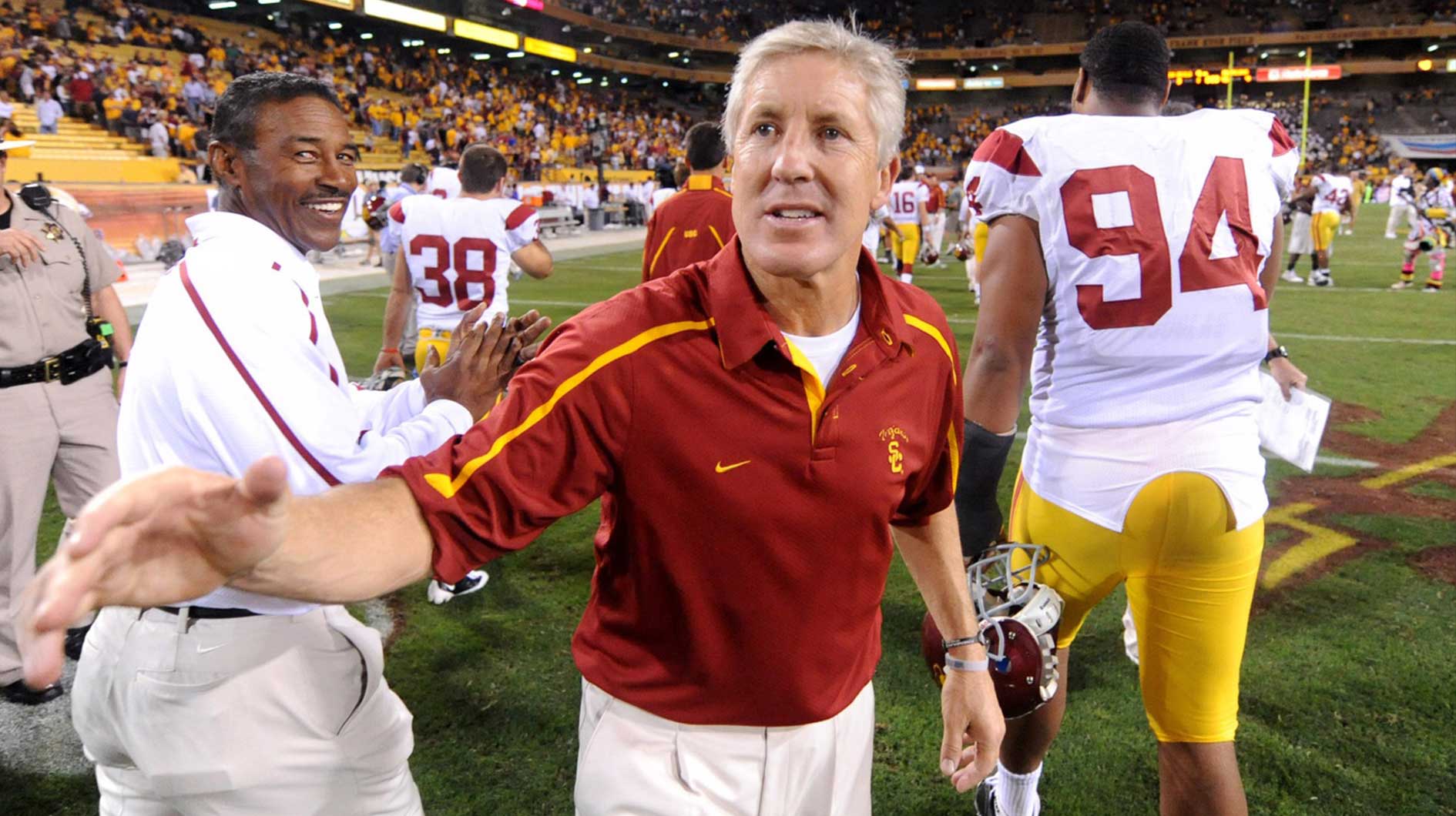 Southern California Trojans coach Pete Carroll reacts after the game against the Arizona State Sun Devils at Sun Devil Stadium. USC defeated Arizona State 14-9.