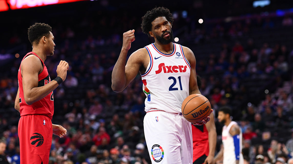 Philadelphia 76ers center Joel Embiid (21) reacts against the Toronto Raptors in the second quarter at Wells Fargo Center. Mandatory Credit: Kyle Ross-Imagn Images