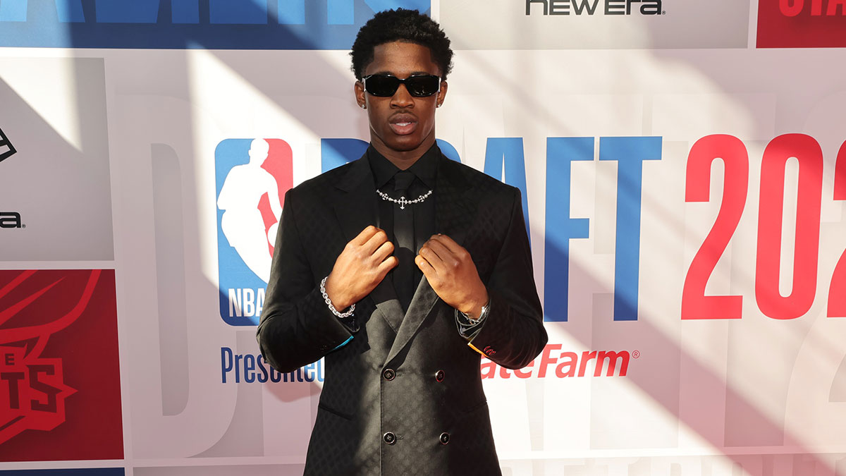 VJ Edgecombe arrives before the first round of the 2025 NBA Draft at Barclays Center.
