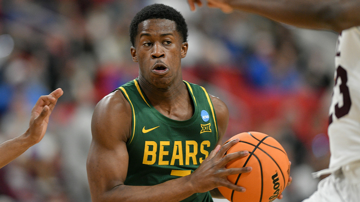 Baylor Bears guard VJ Edgecombe (7) has the ball against the Mississippi State Bulldogs during the second half in the first round of the NCAA Tournament at Lenovo Center.