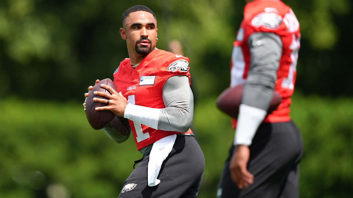 Philadelphia Eagles quarterback Jalen Hurts (1) performs a practice drill at NovaCare Complex.