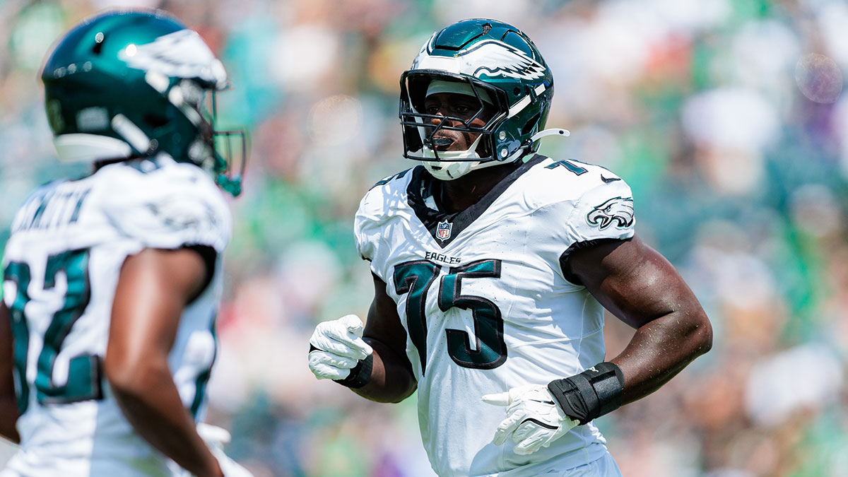 Philadelphia Eagles defensive end Tarron Jackson (75) looks on during the second quarter against the Minnesota Vikings at Lincoln Financial Field.