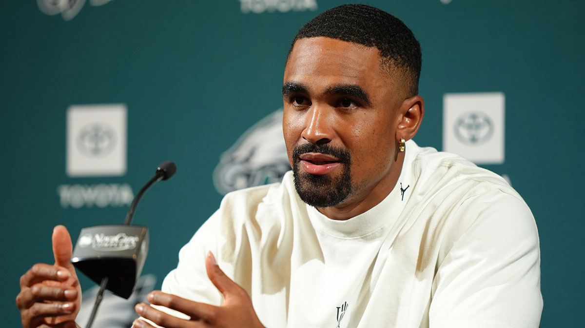 Philadelphia Eagles quarterback Jalen Hurts (1) addresses media during a press conference at NovaCare Complex. Mandatory Credit: Kyle Ross-Imagn Images