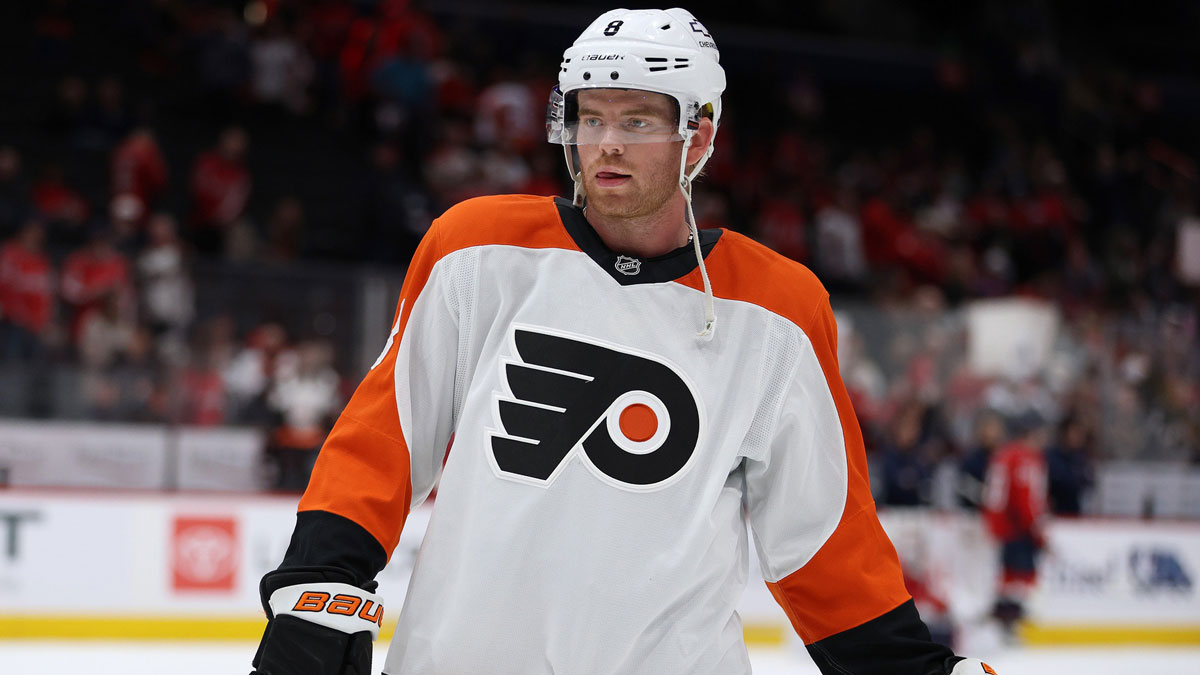 Philadelphia Flyers defenseman Cam York (8) looks on before a game against the Washington Capitals at Capital One Arena.
