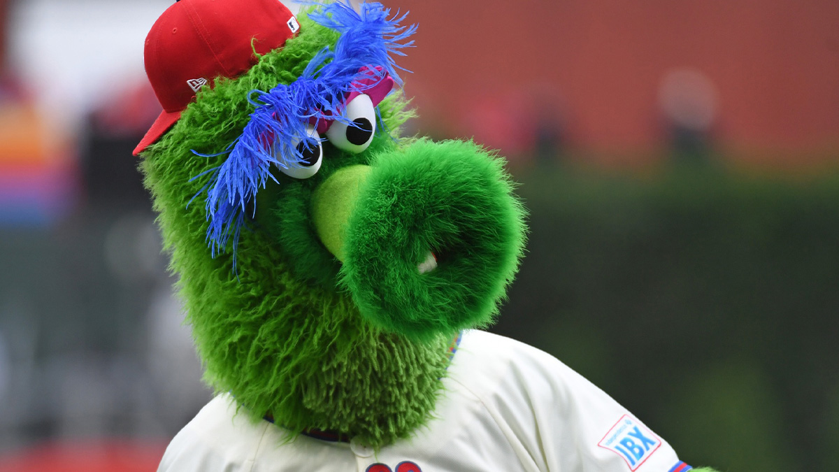 Phillie Phanatic performs before game between the Philadelphia Phillies and the Toronto Blue Jays at Citizens Bank Park.