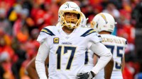 Los Angeles Chargers quarterback Philip Rivers (17) reacts after a dropped pass during the second half against the Kansas City Chiefs at Arrowhead Stadium.