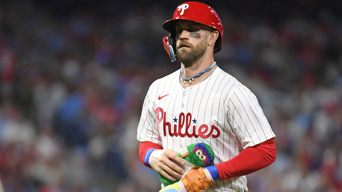 Philadelphia Phillies first base Bryce Harper (3) runs off the field after being forced out at second based8i against the San Diego Padres at Citizens Bank Park.