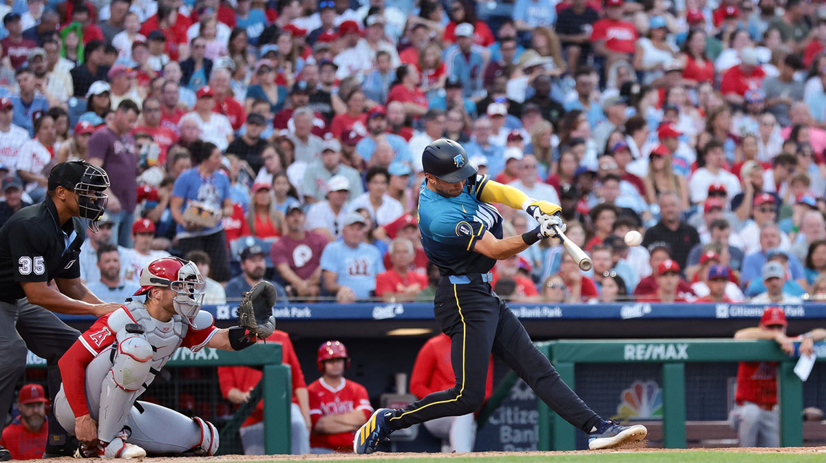Philadelphia Phillies shortstop Trea Turner (7) hits a single against the Los Angeles Angels during the third inning at Citizens Bank Park.