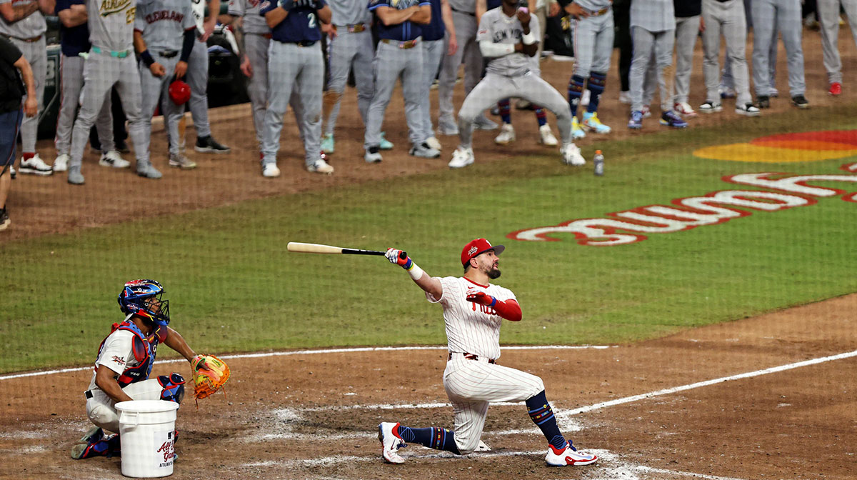 National League designated hitter Kyle Schwarber (12) of the Philadelphia Phillies hits a home run in the swing off of after the 2025 MLB All Star Game ended in a tie at Truist Park. Kyle Scharwber won the MVP award at the MLB All-Star Game.