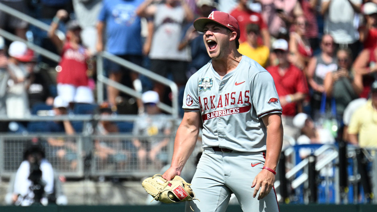 Arkansas Razorbacks starting pitcher Gage Wood (14) celebrates completing a no hitter against the Murray State Racers at Charles Schwab Field.