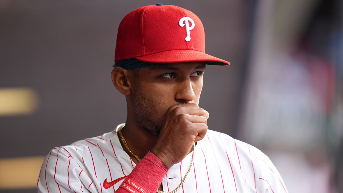 Philadelphia Phillies outfielder Johan Rojas (23) looks on before the game against the St. Louis Cardinals at Citizens Bank Park.