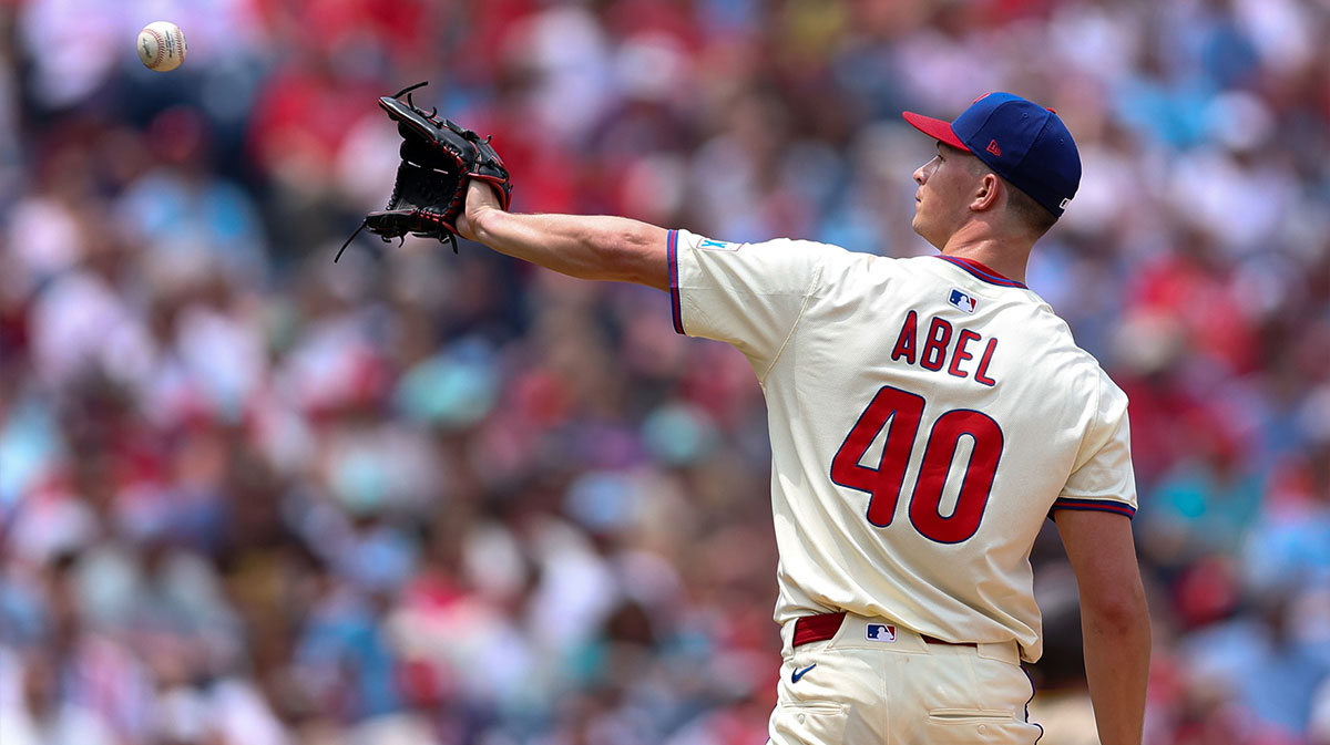 Philadelphia Phillies pitcher Mick Abel (40) catches a ball before throwing a pitch during the second inning against the San Diego Padres at Citizens Bank Park. Mick Abel will be optioned to Triple-A Lehigh Valley and recalled Seth Johnson.