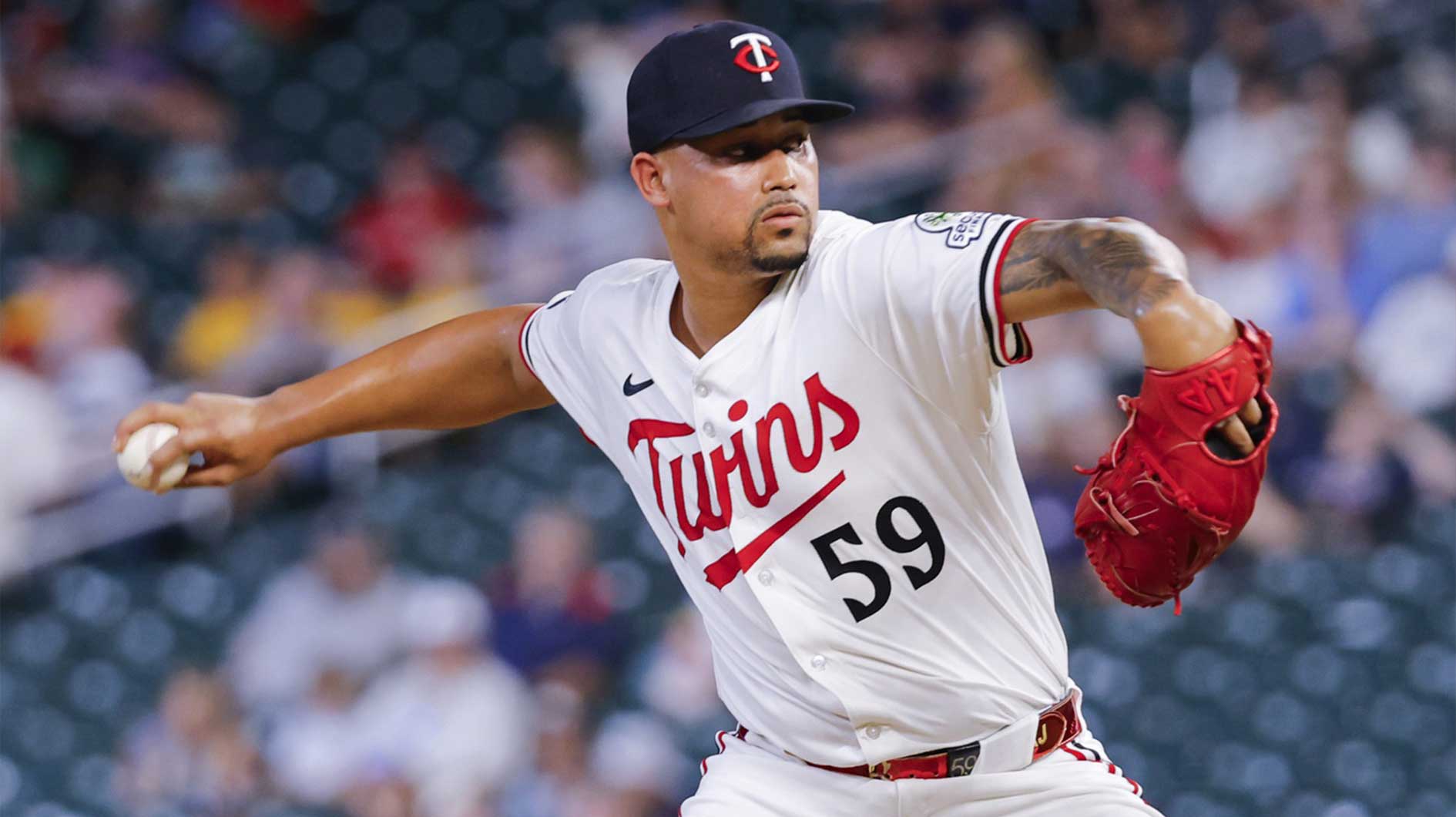 Minnesota Twins relief pitcher Jhoan Duran (59) throws to the Boston Red Sox in the ninth inning at Target Field.
