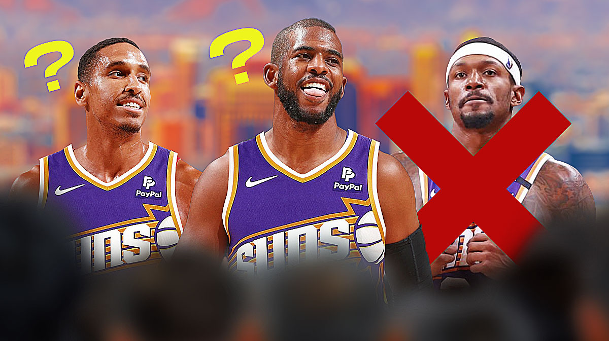 Chris Paul in a Phoenix Suns jersey, along with Malcolm Brogdon in a Suns jersey with question marks surrounding them. There's also a photo of Bradley Beal with a big red X going through. Finally, there's a background of the city of Phoenix skyline.