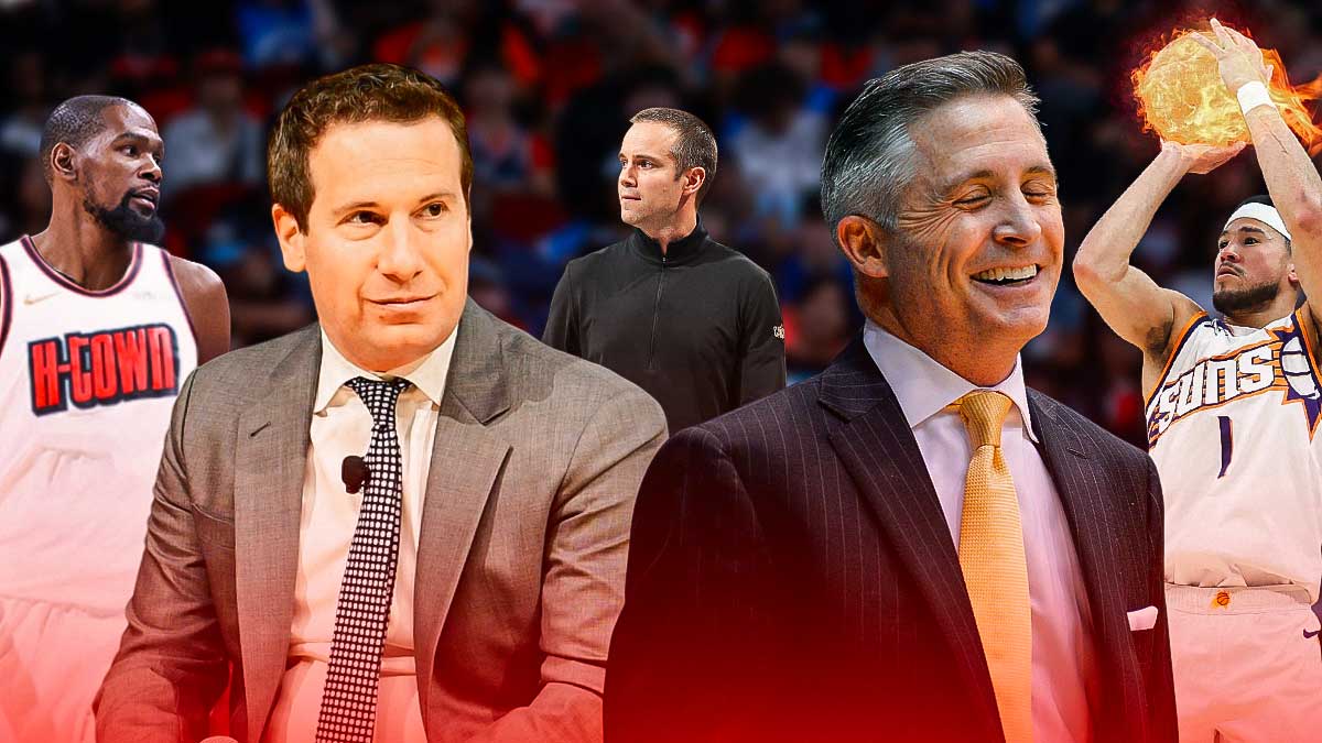 Brian Gregory and Mat Ishbia are smiling. There is also Suns head coach Jordan Ott calling a play, with Devin Booker shooting a ball of fire, and Kevin Durant in a Houston Rockets jersey, smiling.