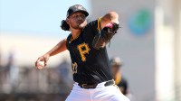 Pittsburgh Pirates pitcher Jared Jones (37) throws a pitch against the Philadelphia Phillies in the first inning during spring training at LECOM Park.