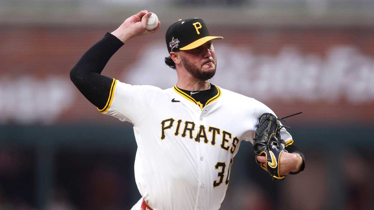 National League pitcher Paul Skenes (30) of the Pittsburgh Pirates pitches in the first inning against the American League during the 2025 MLB All Star Game at Truist Park.