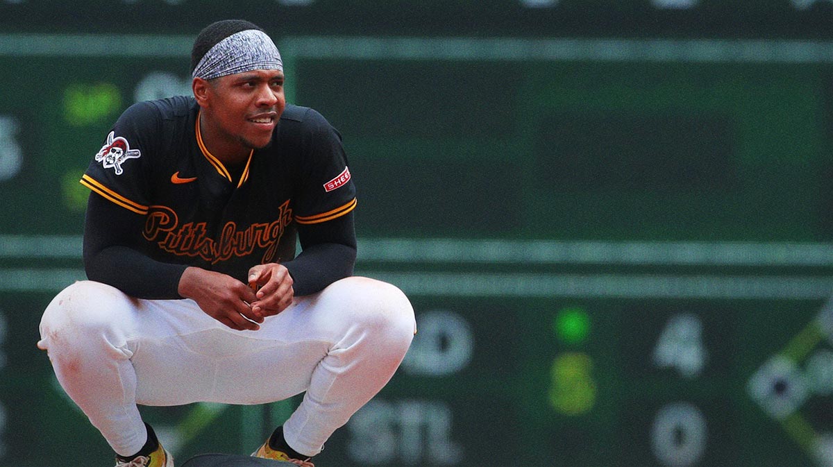 Pittsburgh Pirates third baseman Ke'Bryan Hayes (13) reacts at second base against the Philadelphia Phillies during the seventh inning at PNC Park.