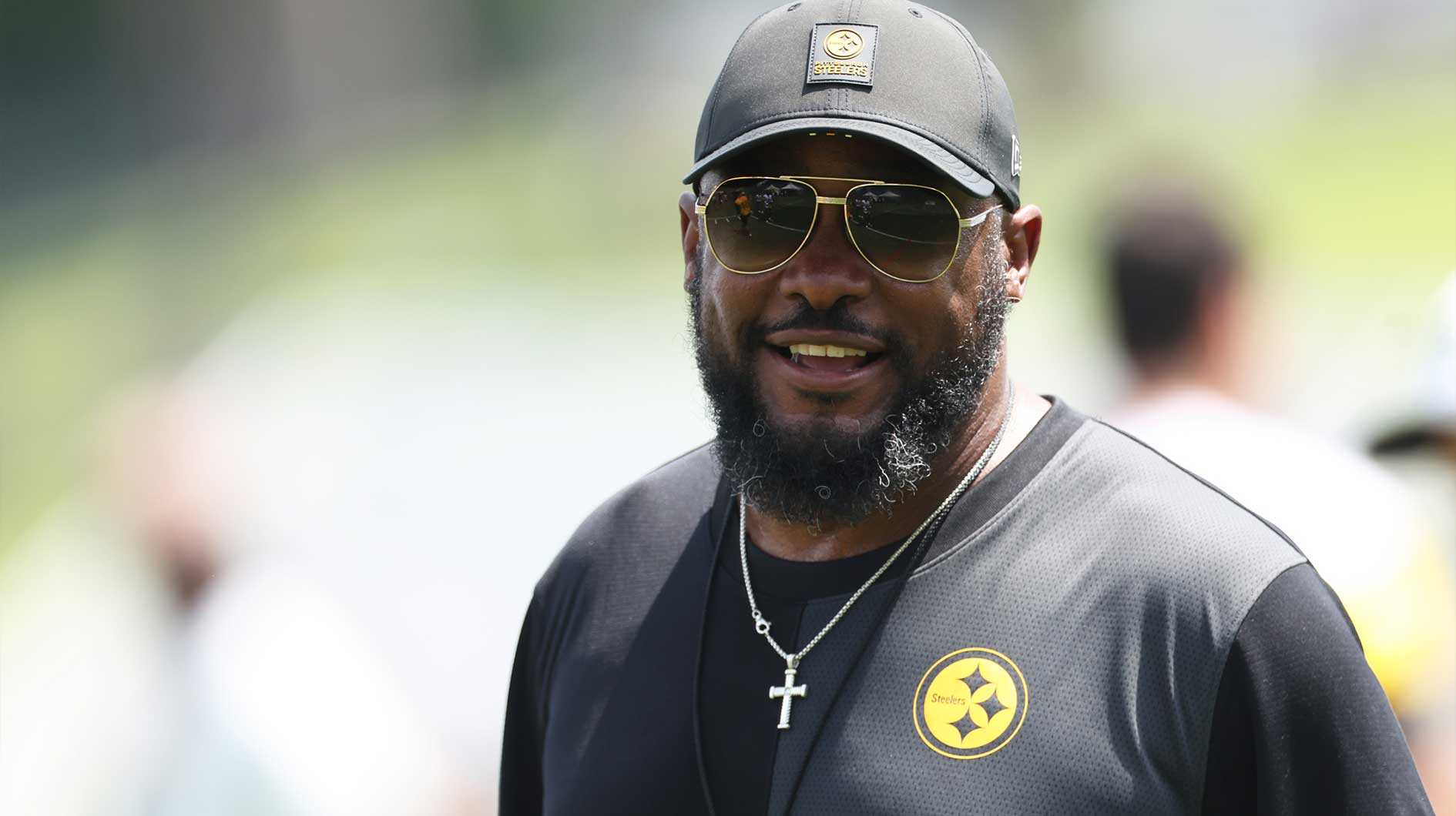 Pittsburgh Steelers head coach Mike Tomlin reacts during training camp at Saint Vincent College.