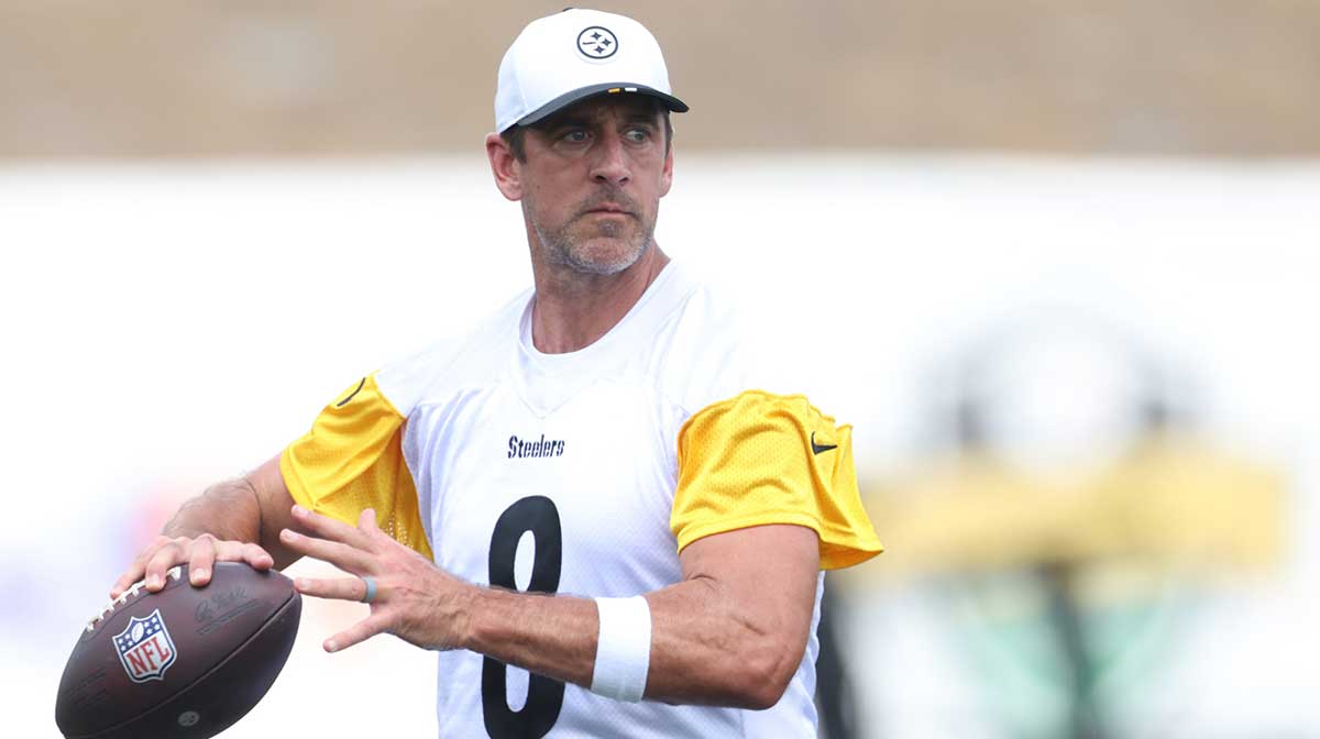 Pittsburgh Steelers quarterback Aaron Rodgers (8) participates in drills during training camp at Saint Vincent College.