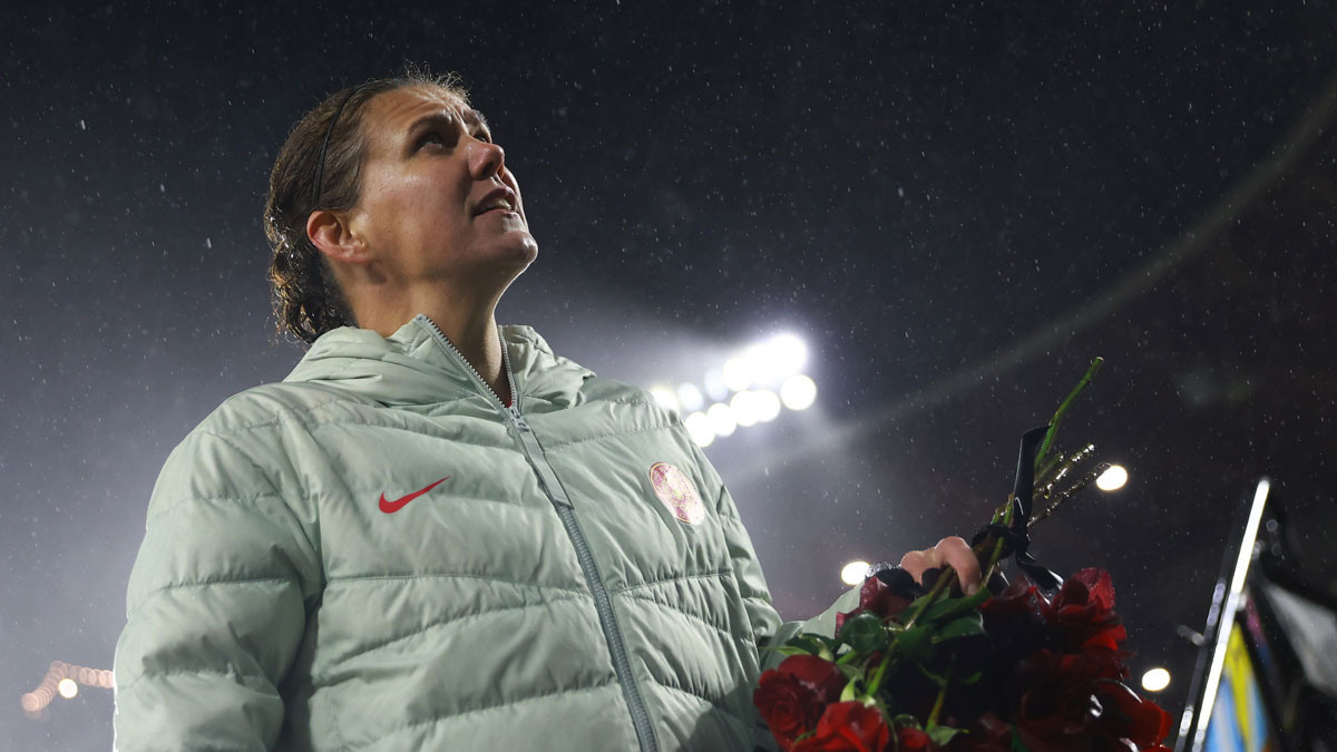Nov 1, 2024; Portland, Oregon, USA; Portland Thorns FC forward Christine Sinclair (12) celebrates after the match against Angel City FC at Providence Park. Mandatory Credit: Craig Mitchelldyer-Imagn Images