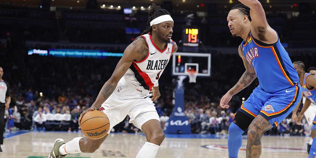 Portland Trail Blazers forward Jerami Grant (9) drives to the basket as Oklahoma City Thunder forward Jaylin Williams (6) defends during the second half at Paycom Center.