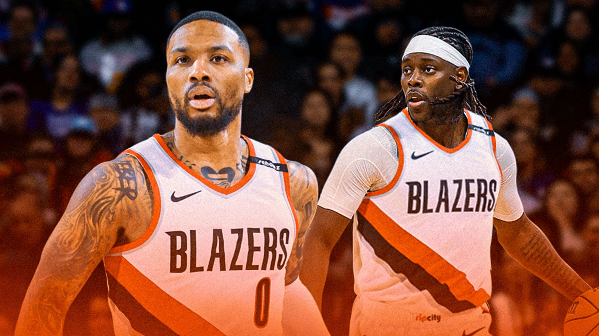Blazers' Damian Lillard smiling, with Jrue Holiday in a Blazers uniform on his side