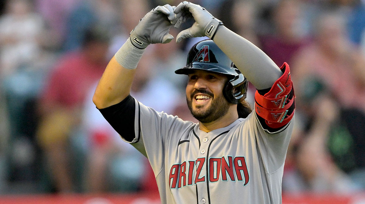 Arizona Diamondbacks third baseman Eugenio Suarez (28) celebrates after hitting his second solo home run of the game during the fourth inning against the Los Angeles Angels at Angel Stadium.
