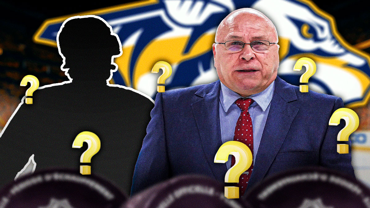 : Barry Trotz (Predators GM) with a mystery player. Question marks around him and the Predators logo in the background.
