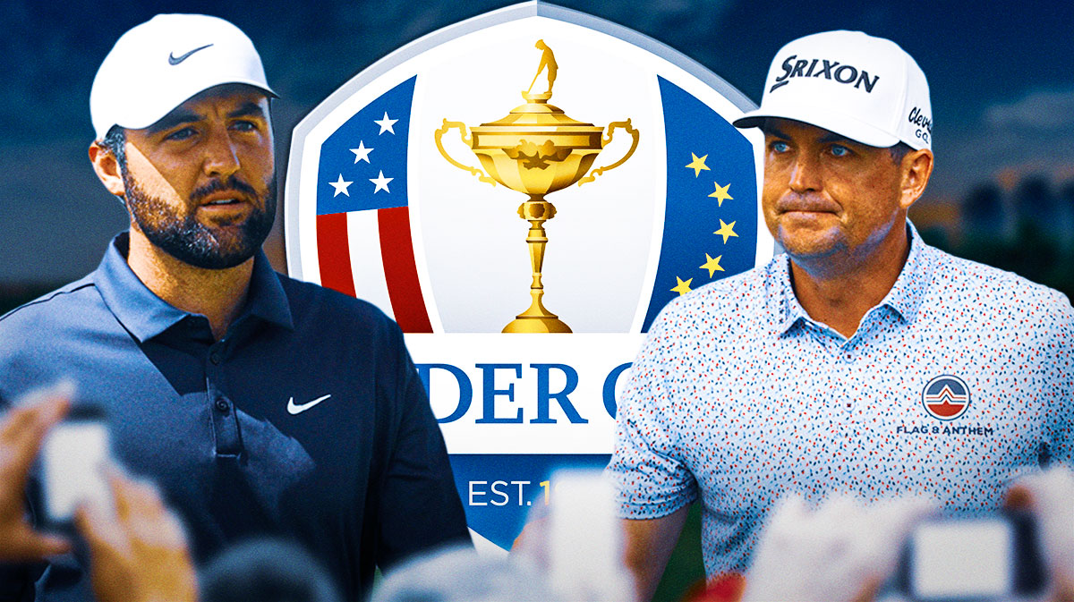 Scottie Scheffler on right. Keegan Bradley on left. Ryder Cup logo in middle