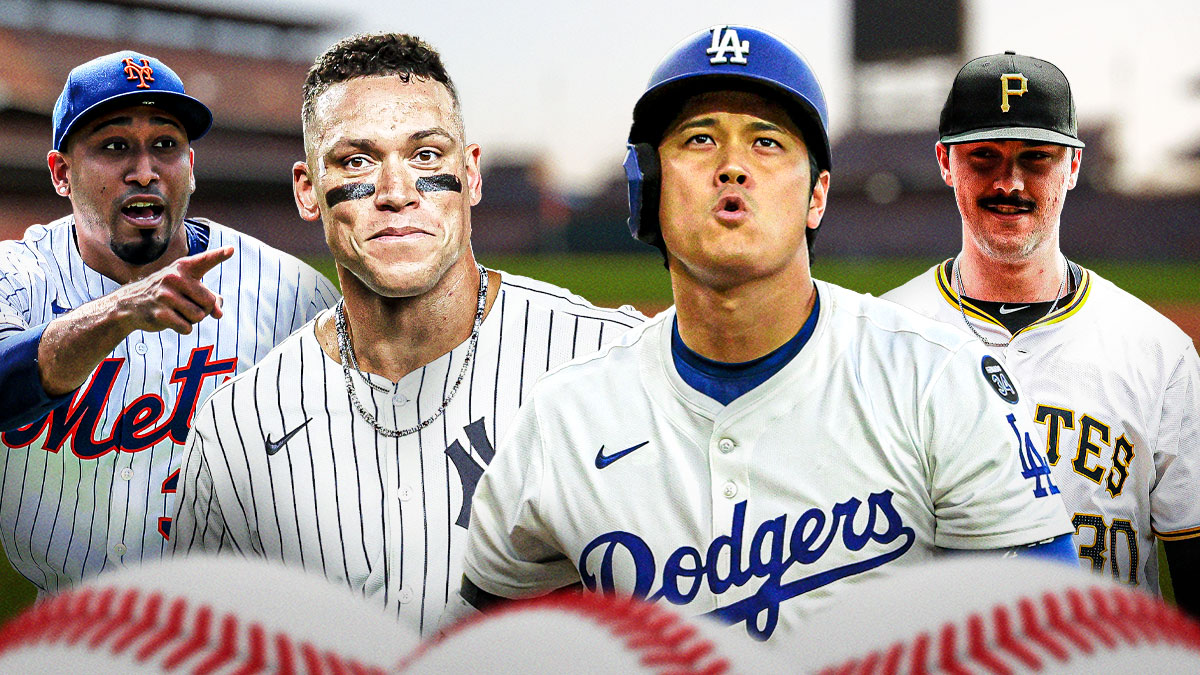 IMAGE: New York Yankees outfielder Aaron Judge in left center, Pittsburgh Pirates starting pitcher Paul Skenes on far left, Los Angeles Dodgers designated hitter/pitcher Shohei Ohtani in right center, New York Mets relief pitcher Edwin Diaz on far right, Citizens Bank Park (host of the 2026 All-Star Game) in background