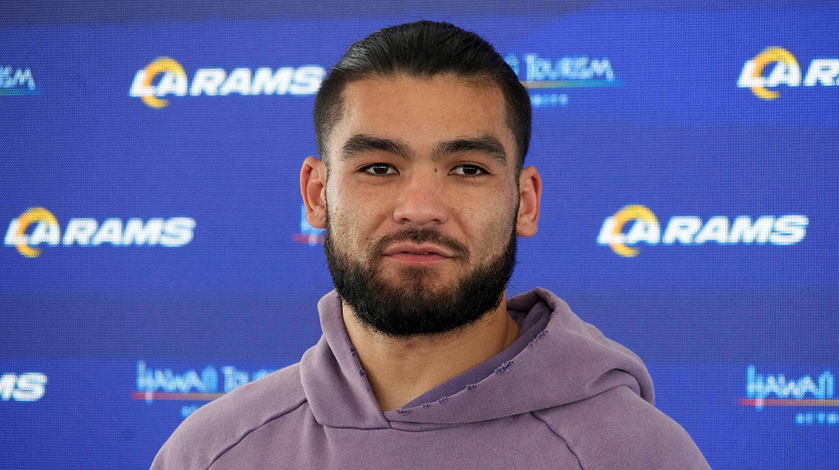 Los Angeles Rams receiver Puka Nacua at press conference during organized team activities at Rams Practice Facility.