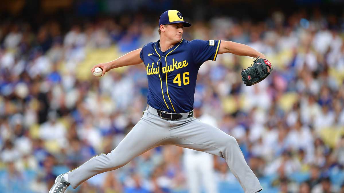 Jul 18, 2025; Los Angeles, California, USA; Milwaukee Brewers pitcher Quinn Priester (46) pitches against the Los Angeles Dodgers in the first inning at Dodger Stadium.