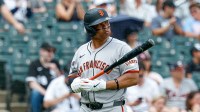 San Francisco Giants designated hitter Rafael Devers (16) reacts after striking out against the Chicago White Sox during the ninth inning at Rate Field.