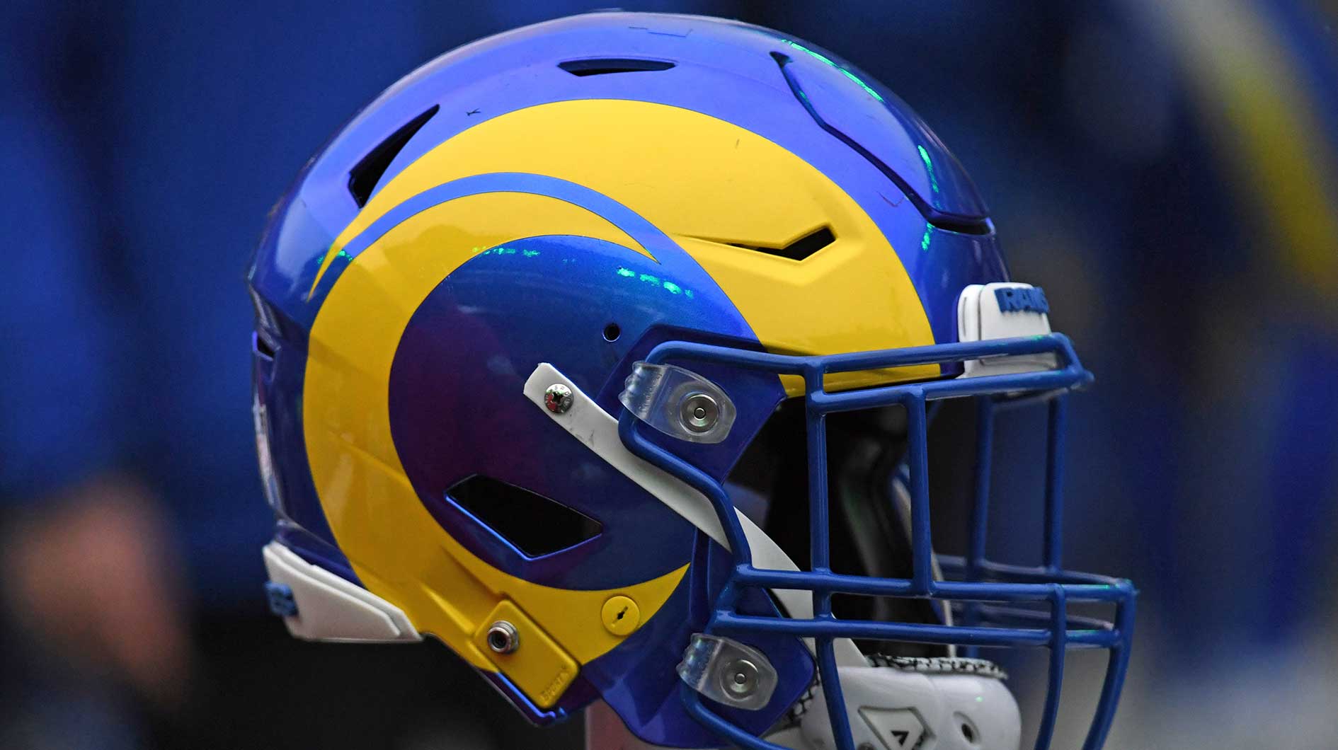 Los Angeles Rams helmet on the sidelines against the Philadelphia Eagles in a 2025 NFC divisional round game at Lincoln Financial Field.