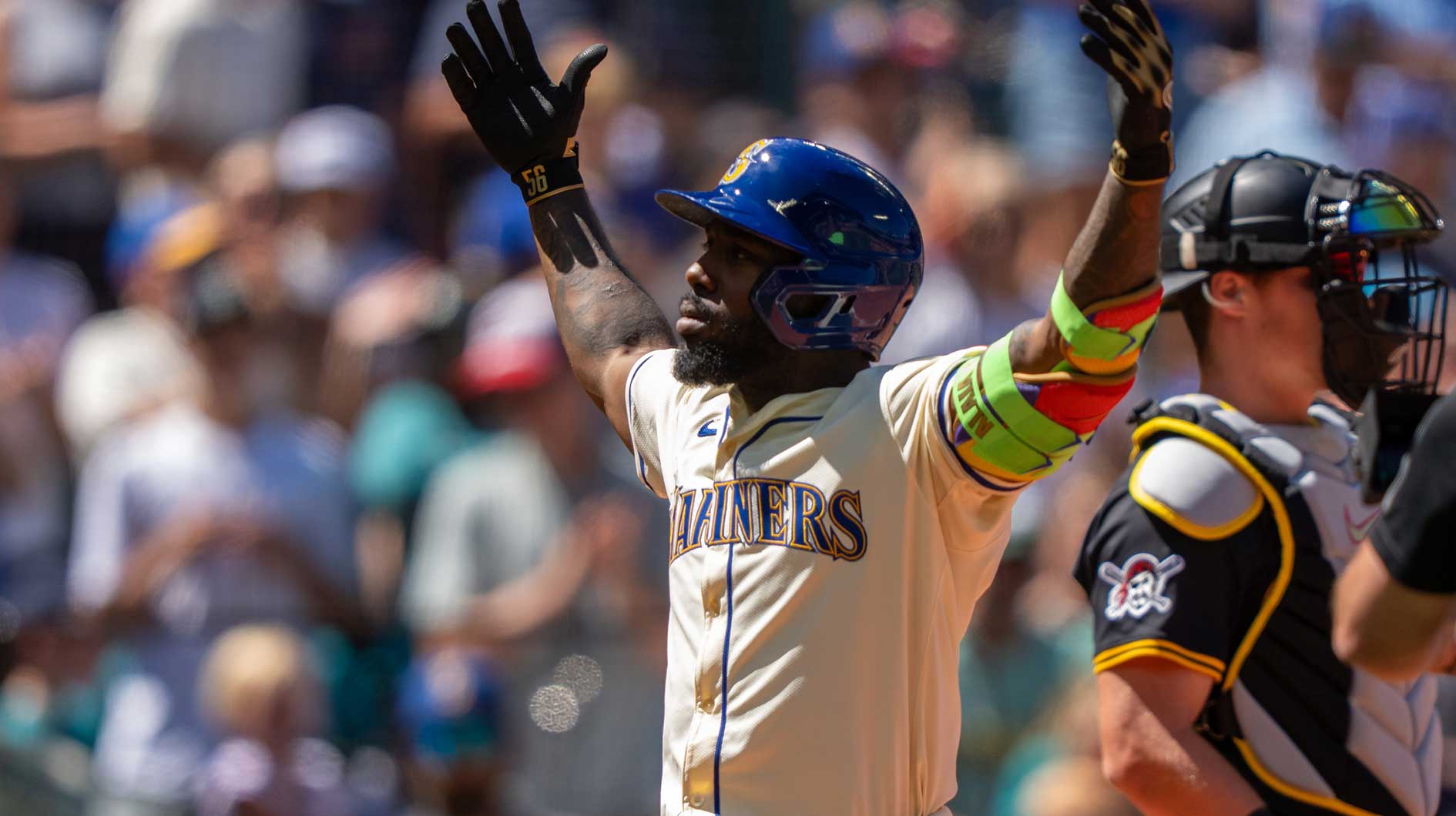 Seattle Mariners left fielder Randy Arozarena (56) celebrates after hitting solo home run during the sixth inning against the Pittsburgh Pirates