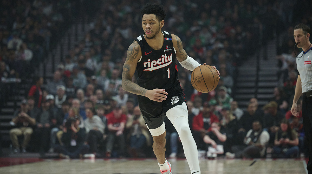 Portland Trail Blazers guard Anfernee Simons (1) dribbles the ball during the first half against the Boston Celtics at Moda Center.