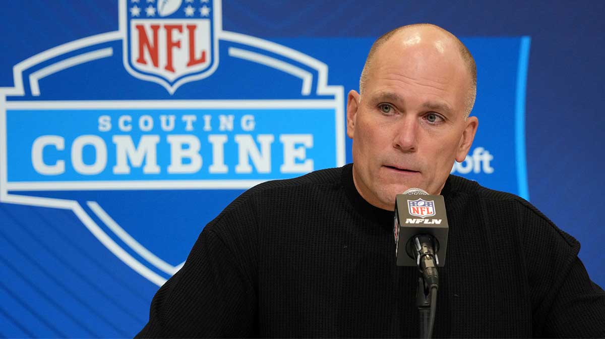 Baltimore Ravens general manager Eric DeCosta speaks during the NFL Scouting Combine at the Indiana Convention Center.