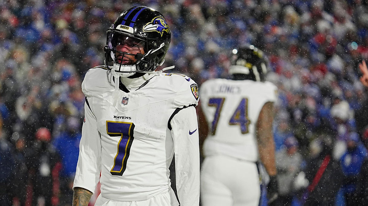 Baltimore Ravens wide receiver Rashod Bateman reacts to his team being stopped on the two-point conversion during first half action at the Buffalo Bills divisional game.