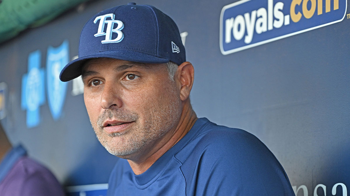 Tampa Bay Rays manager Kevin Cash (16) talks with the media before a game against the Kansas City Royals at Kauffman Stadium.