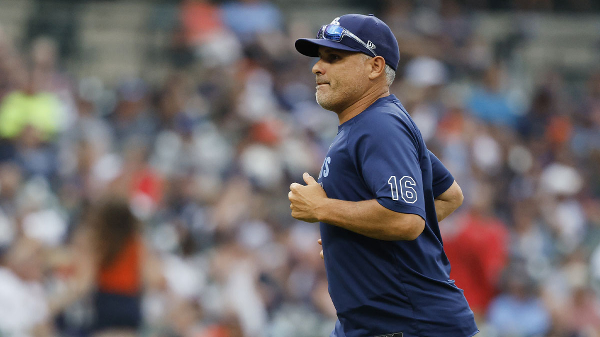 Tampa Bay Rays manager Kevin Cash (mg) walks off the field in the seventh inning against the Detroit Tigers at Comerica Park.