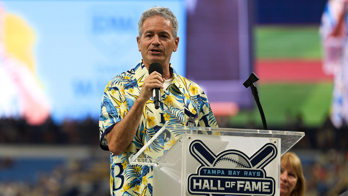 Tampa Bay Rays owner Stuart Sternberg speaks before a game against the San Francisco Giants at Tropicana Field.