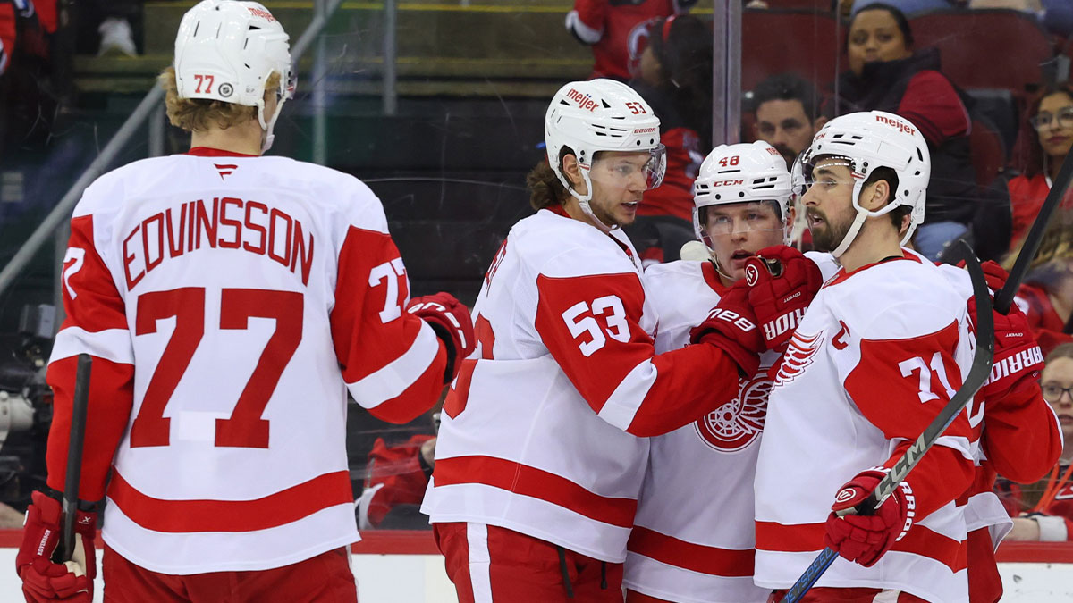 Detroit Red Wings right wing Jonatan Berggren (48) celebrates his goal against the New Jersey Devils during the first period at Prudential Center.