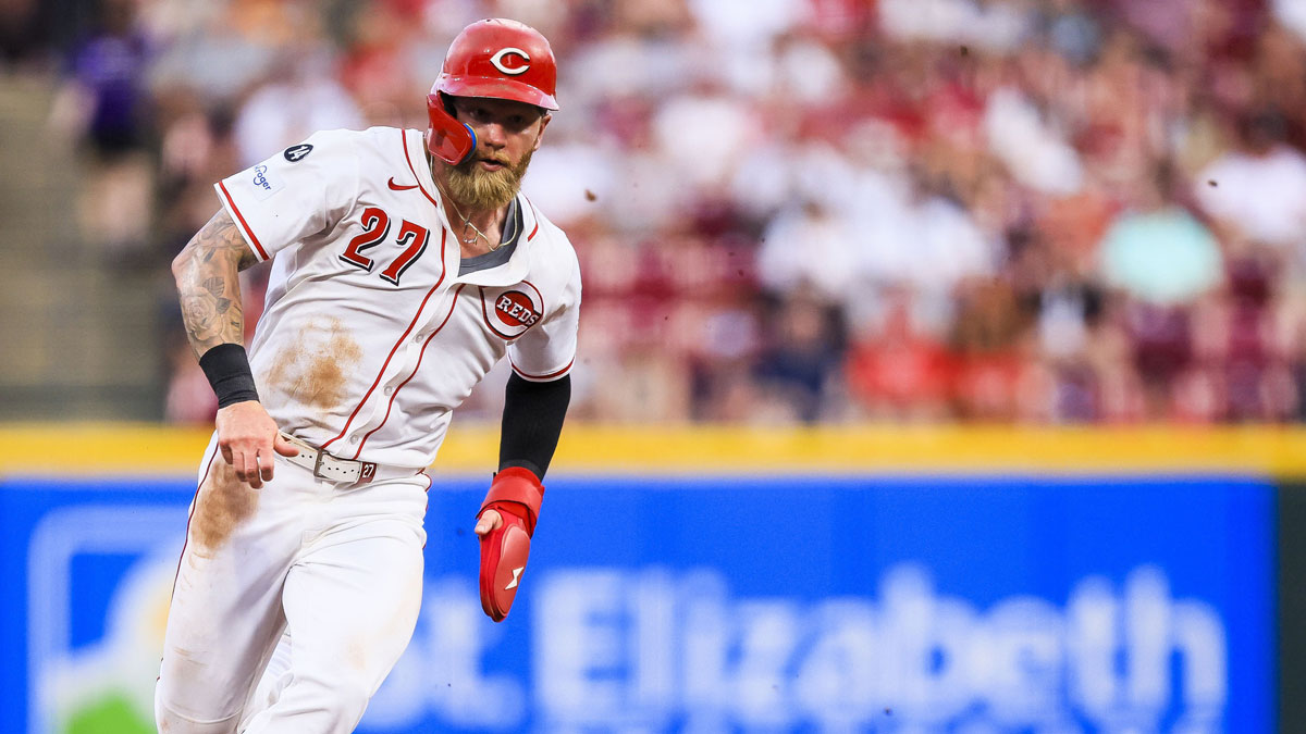 Cincinnati Reds outfielder Jake Fraley (27) runs to third on a single hit by outfielder TJ Friedl (not pictured) in the fifth inning against the New York Yankees at Great American Ball Park.